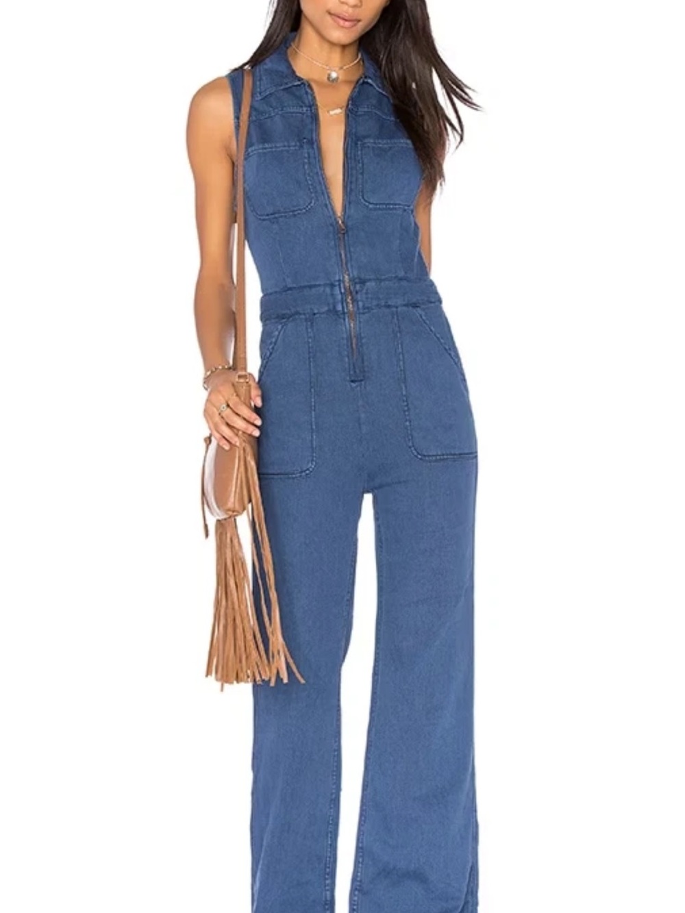 Free People Sleeveless Denim Zip-Front Jumpsuit in Blue